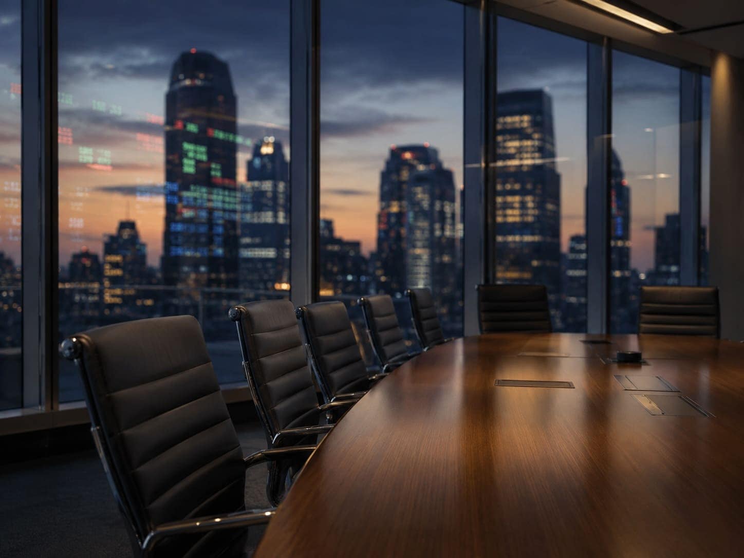 Empty executive boardroom at dusk overlooking a financial district skyline, illustrating the highest-paid CEOs and 2025 executive compensation