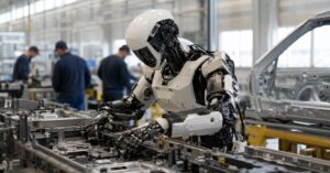 A humanoid robot operating alongside human workers on a factory assembly line, illustrating the commercial deployment driving humanoid robot stocks.