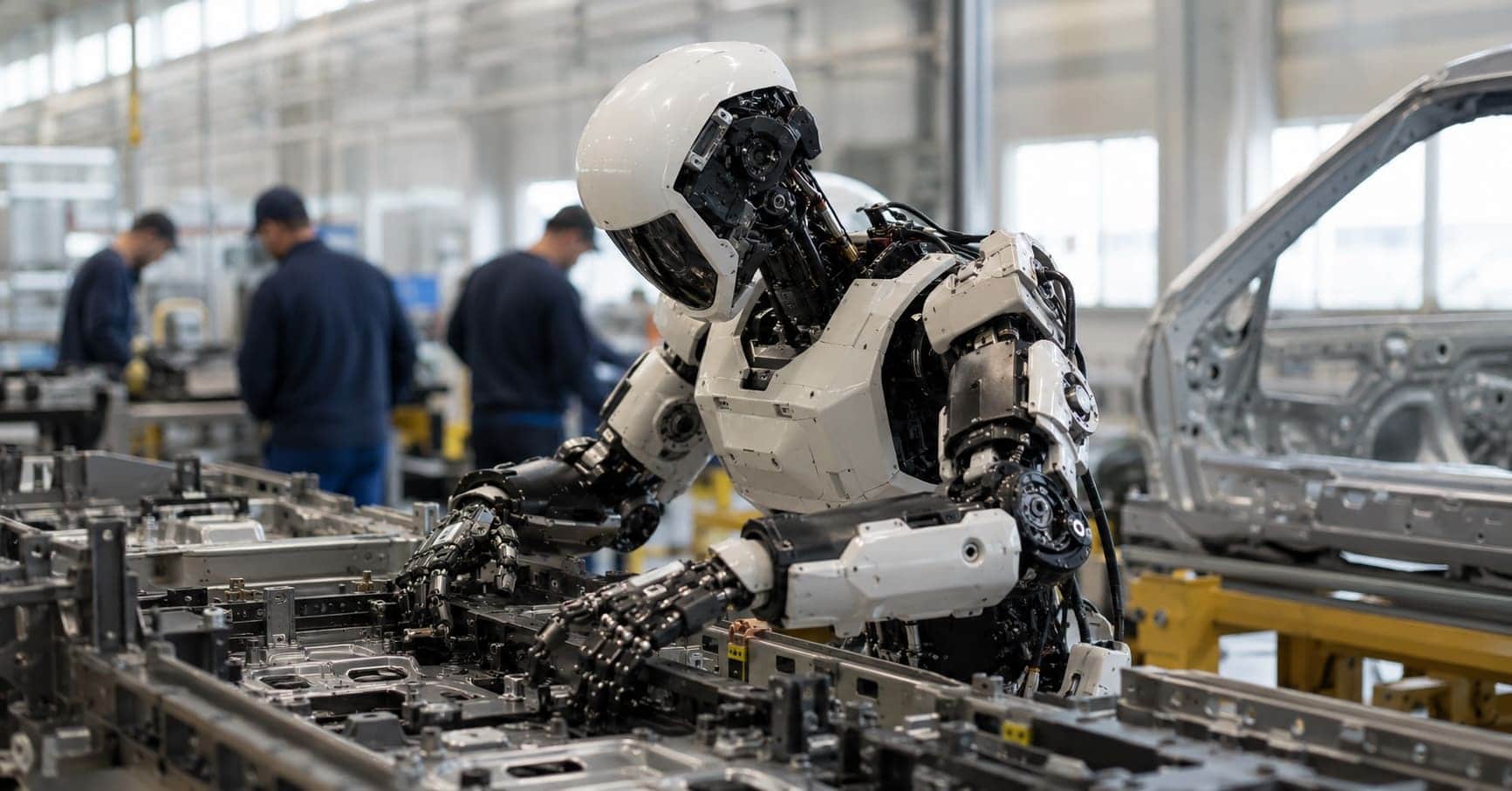 A humanoid robot operating alongside human workers on a factory assembly line, illustrating the commercial deployment driving humanoid robot stocks.