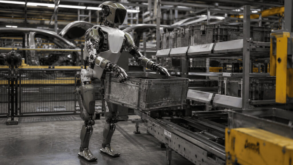 A bipedal humanoid robot lifts a metal bin on a factory floor lined with steel storage racks.
