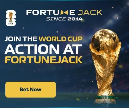 FortuneJack World Cup betting promotion with FIFA trophy and call to action.