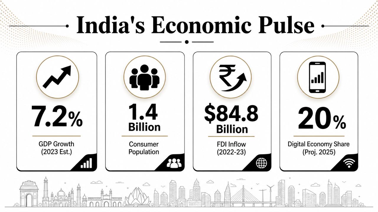 An infographic summarizing India's economic indicators including GDP growth, population, FDI inflow, and digital economy share.