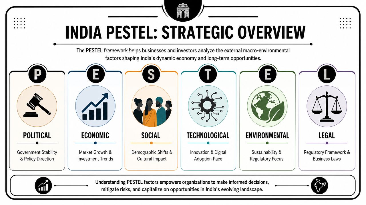 An infographic showing the PESTEL framework analyzing political, economic, social, technological, environmental, and legal factors in India.