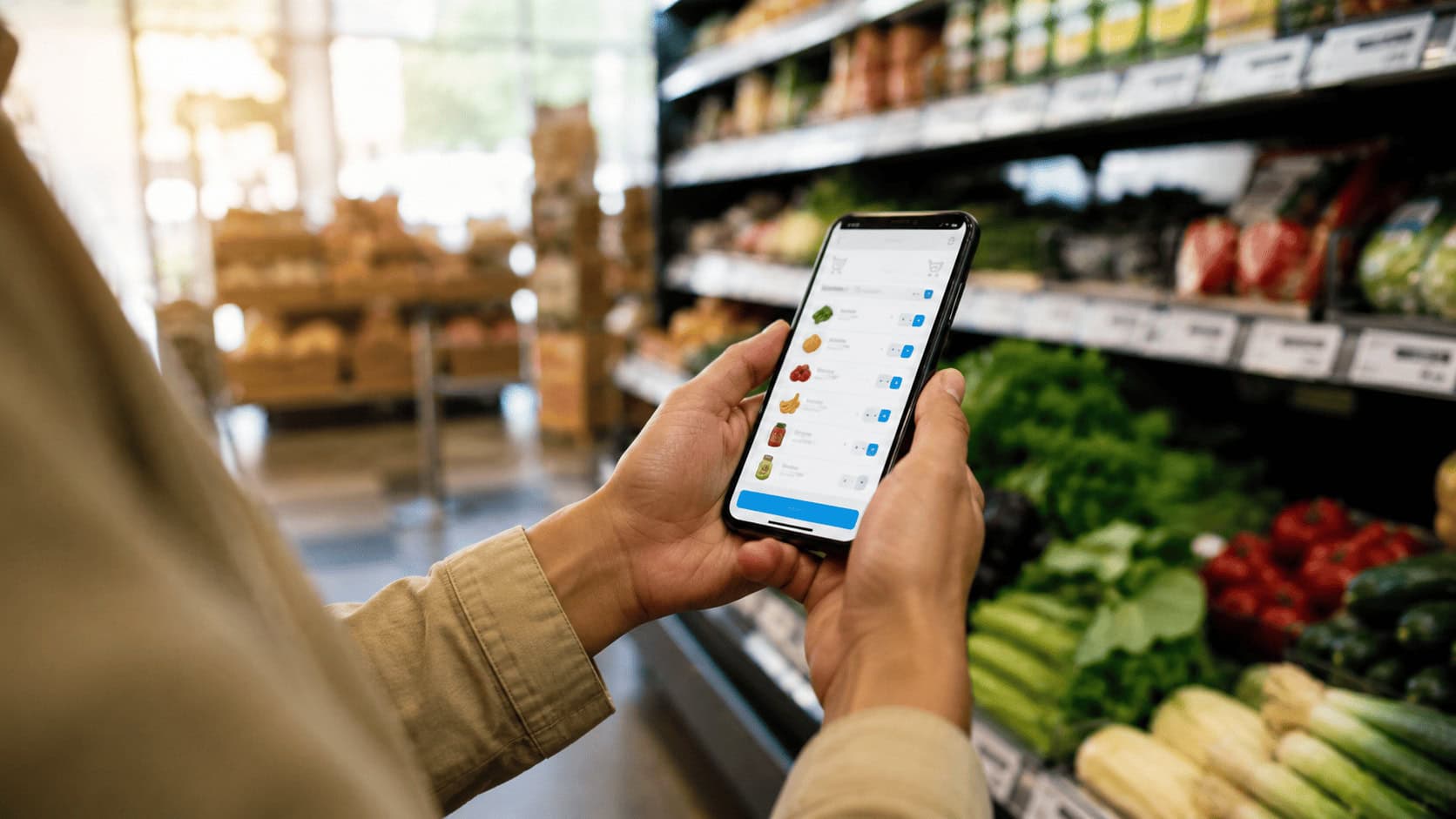 Hands holding a smartphone showing a grocery shopping cart app while standing in a grocery store produce aisle.