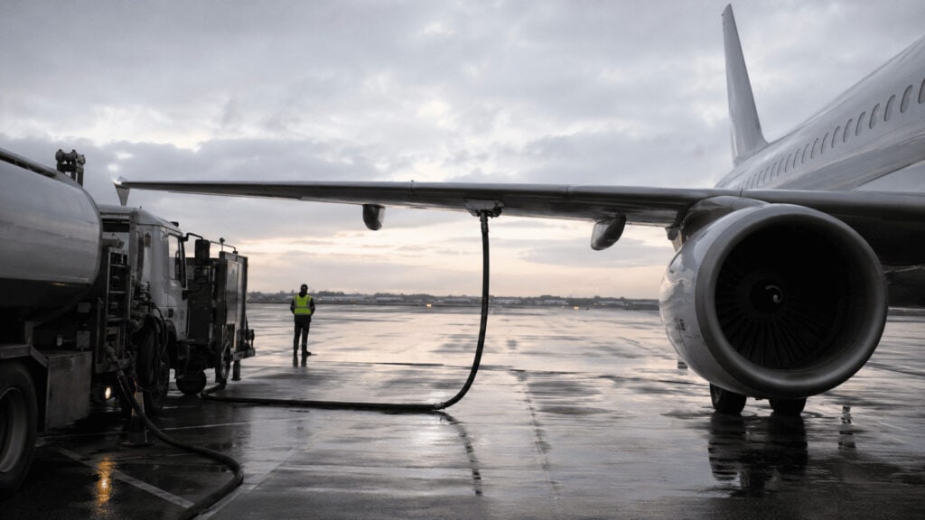 Ground crew refueling a commercial airliner on an airport tarmac at dusk
