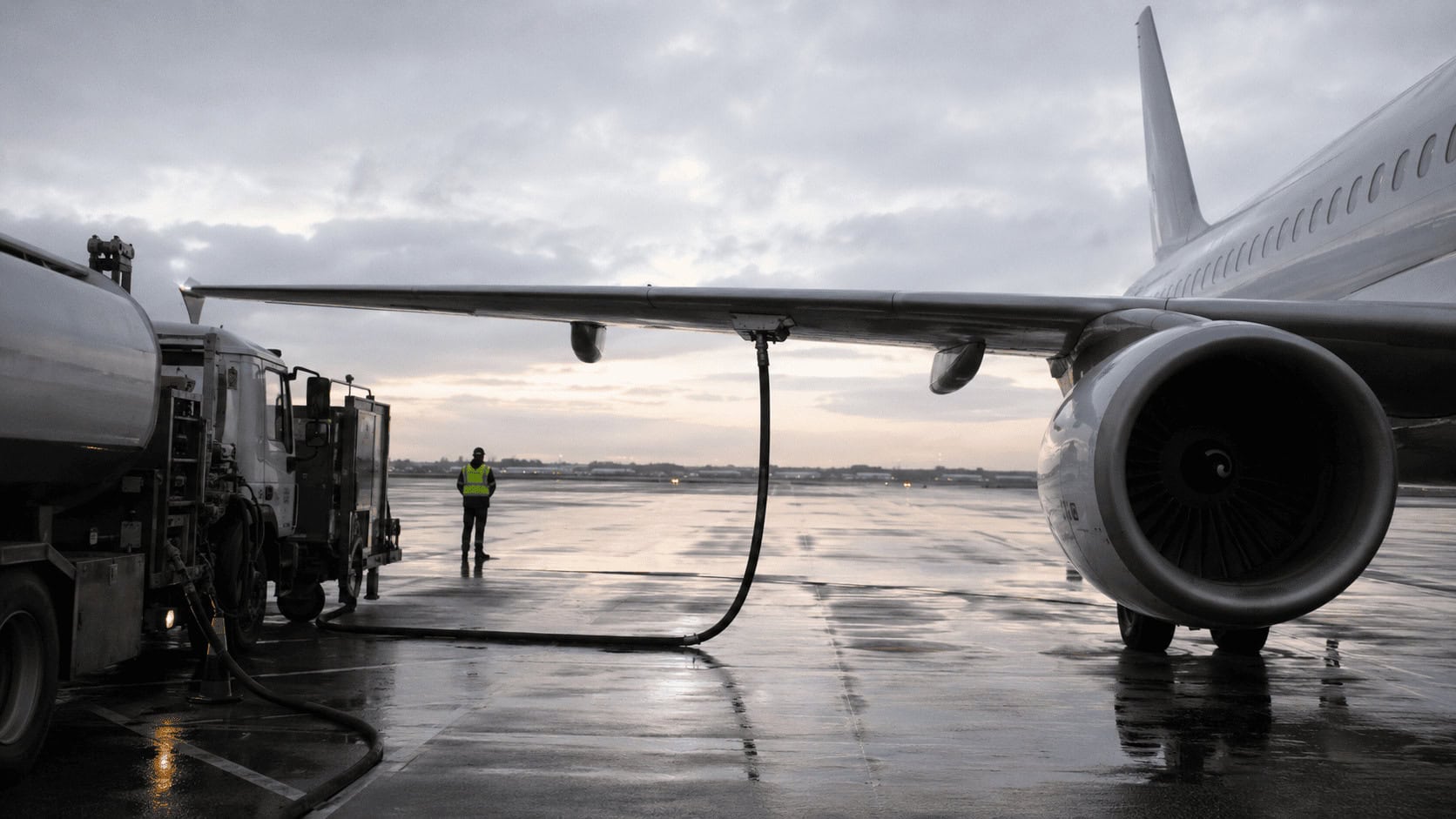 Ground crew refueling a commercial airliner on an airport tarmac at dusk