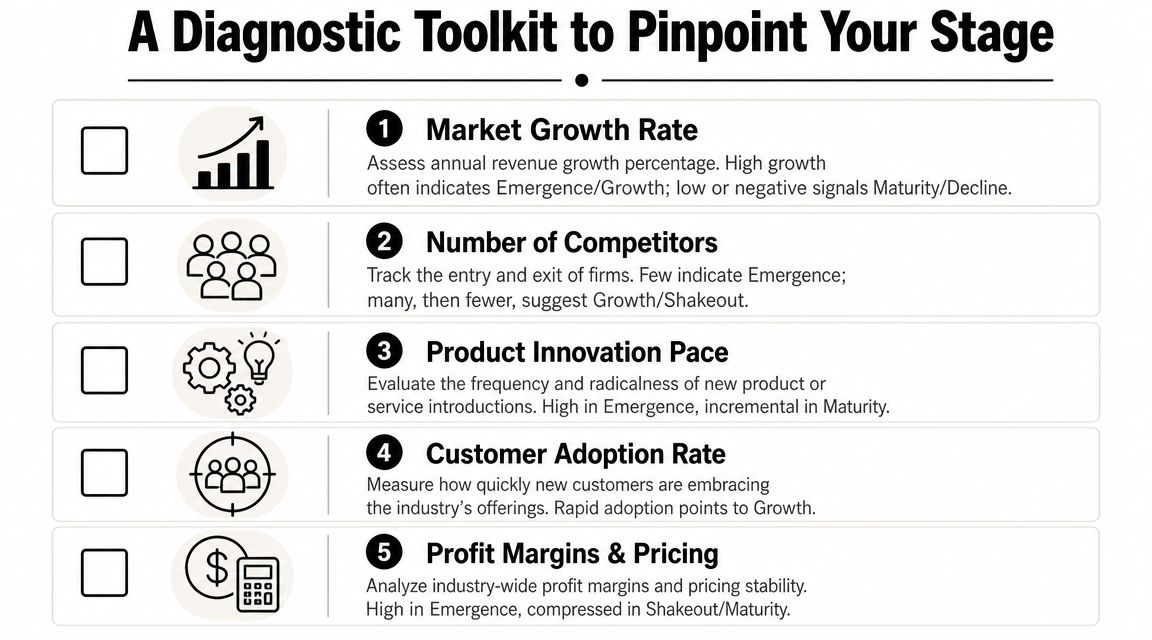 A diagnostic toolkit graphic showing five key indicators for identifying the life cycle stage of an industry.