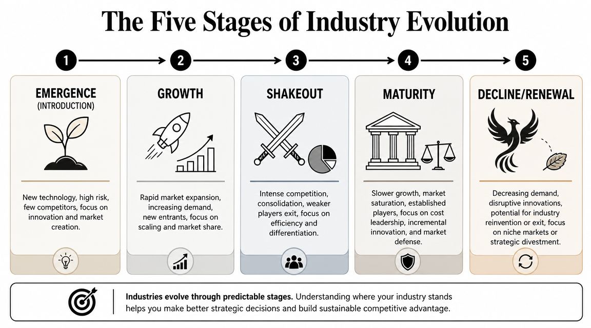 A diagram illustrating the five stages of industry evolution from emergence to decline and renewal.