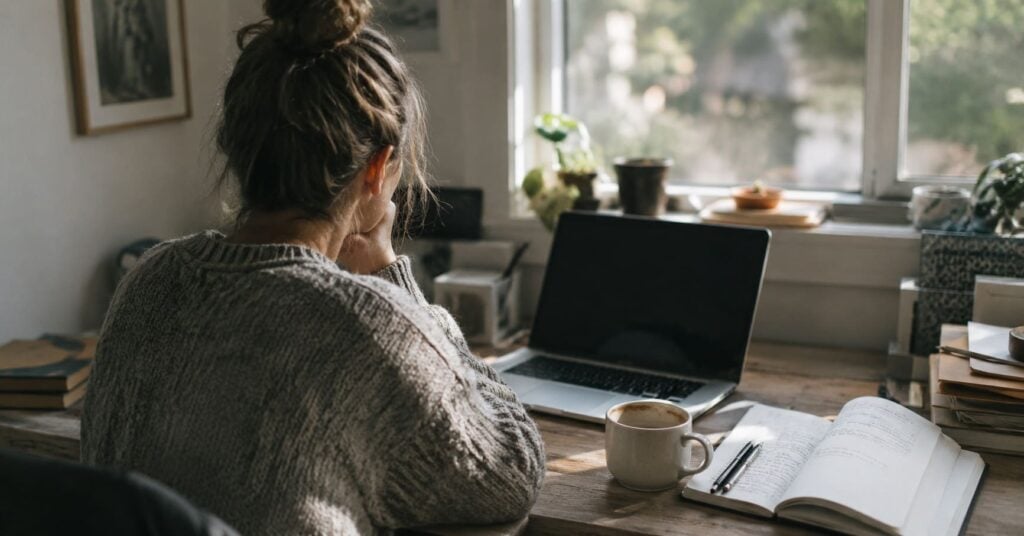 A person studying at a desk in early morning light with a laptop and notebook, illustrating continuous learning as a daily routine.