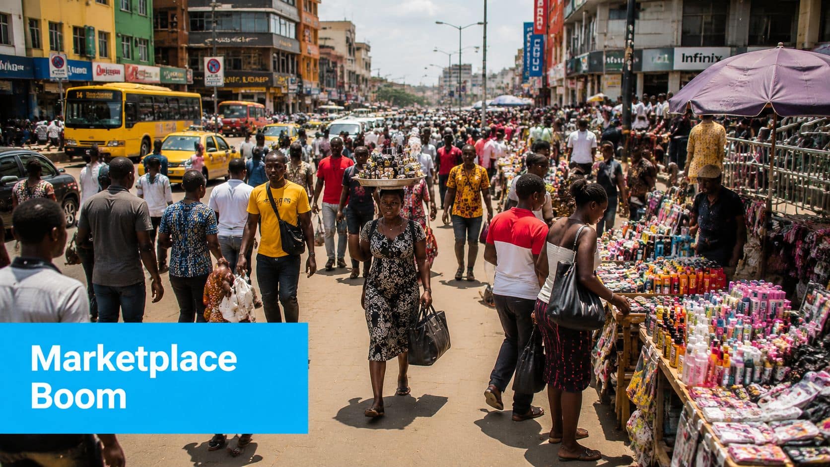 Bustling marketplace street scene with vendors and shoppers in an urban setting.