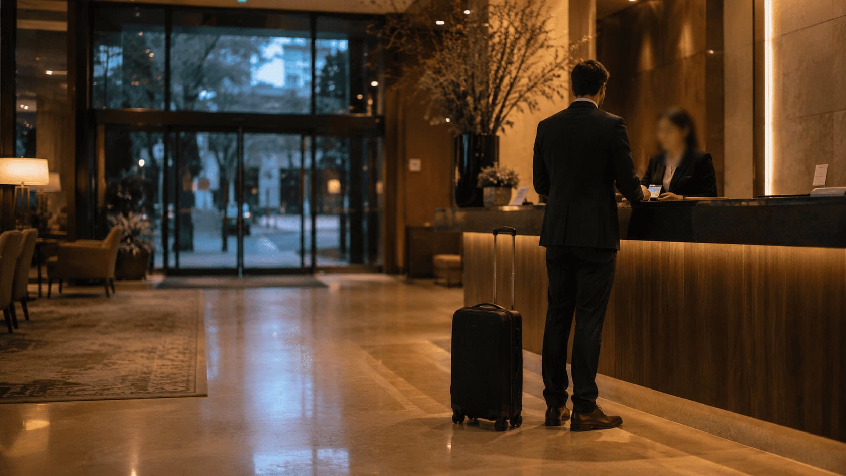 A business traveler with a suitcase checking in at a dimly lit hotel reception desk in the evening.