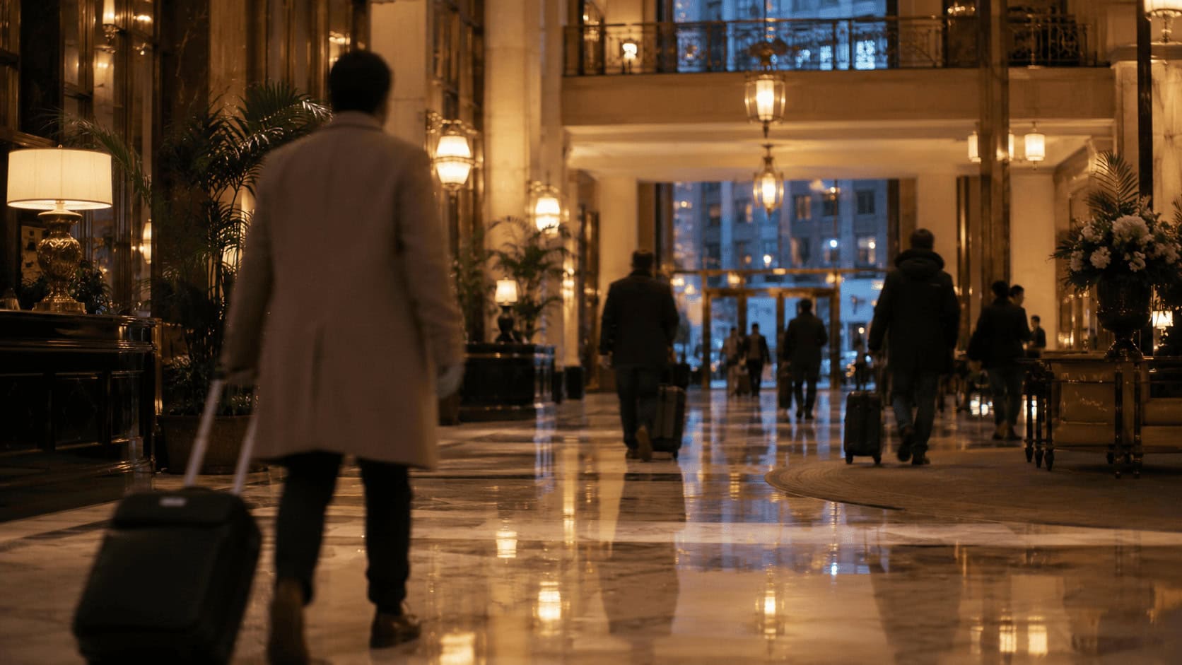 Anonymous guests with luggage walk through the illuminated marble lobby of an upscale hotel at dusk.