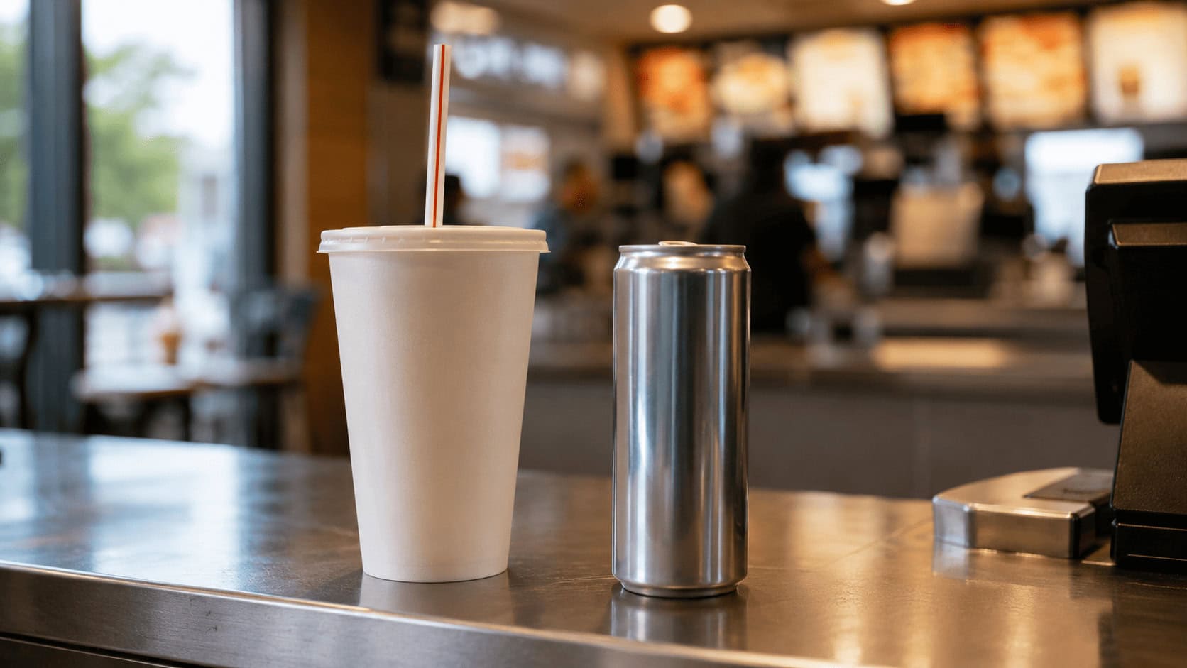 A McDonald's fountain drink cup next to a separate energy drink can on a stainless steel restaurant counter in soft natural light.