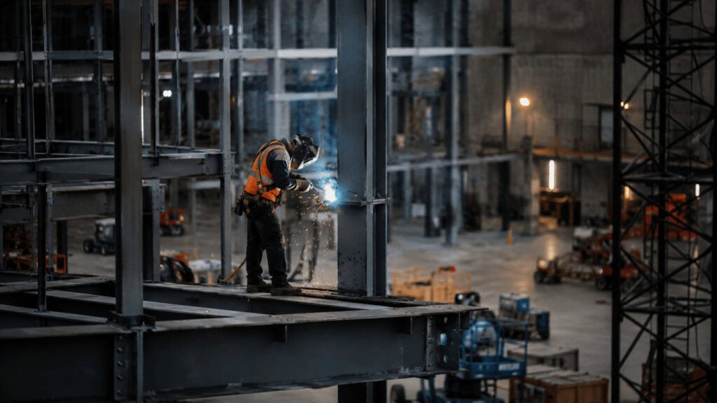 A welder in safety gear works on steel framework at an industrial construction site.