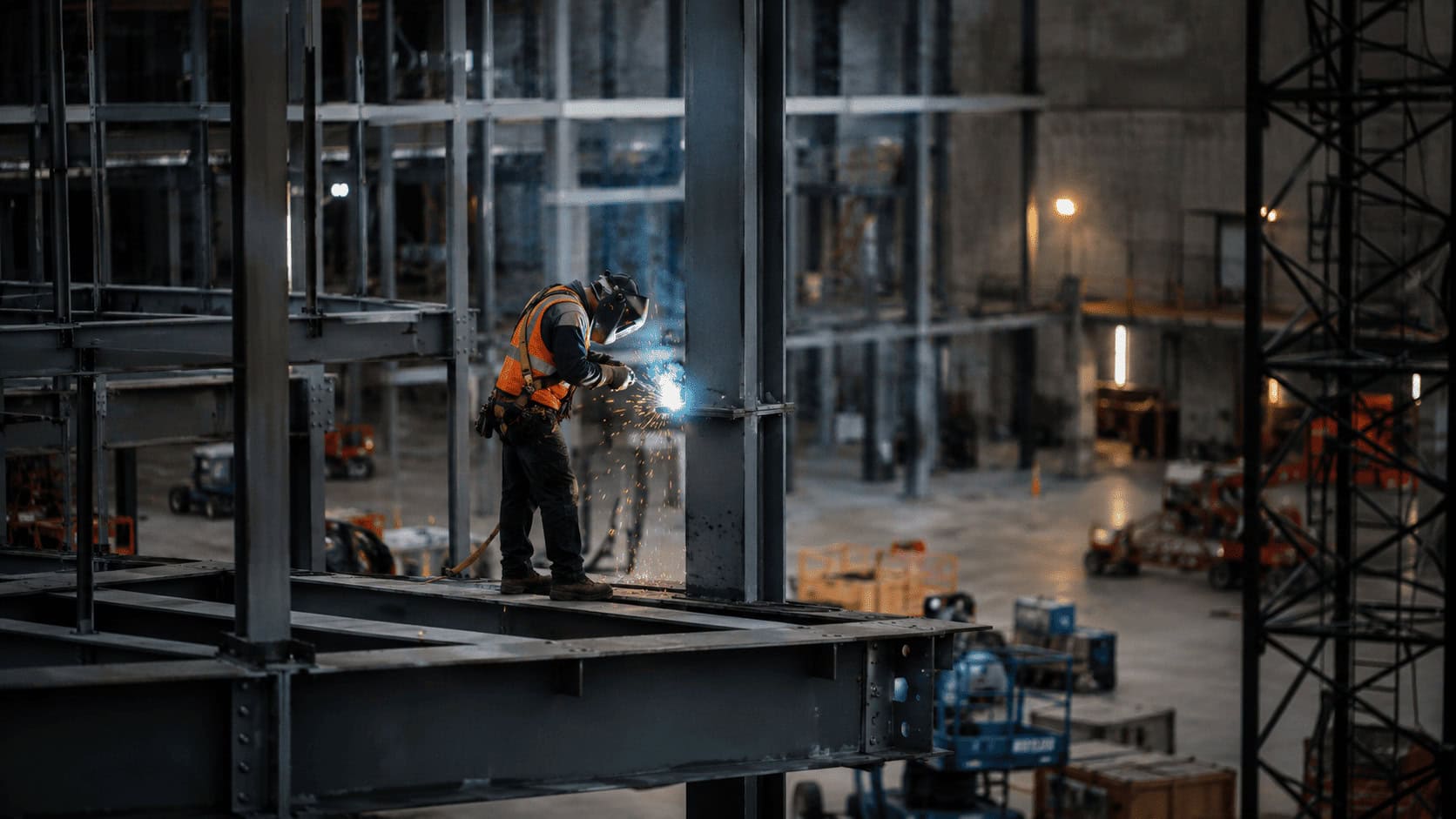 A welder in safety gear works on steel framework at an industrial construction site.