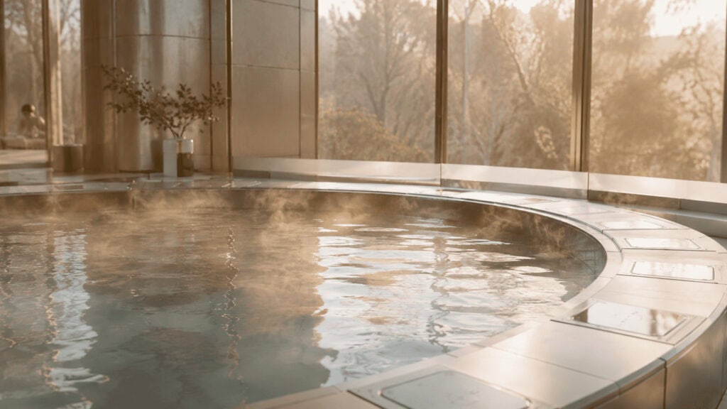 Interior of a modern wellness spa with a shallow pool of golden light ringed by metallic sensor panels.