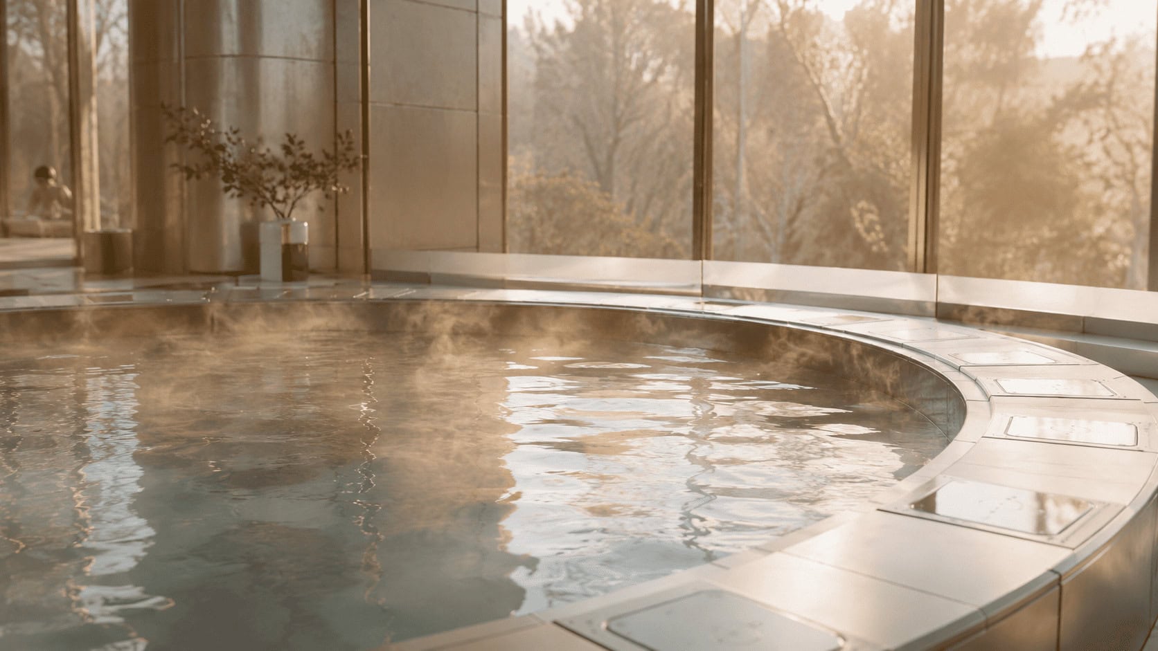 Interior of a modern wellness spa with a shallow pool of golden light ringed by metallic sensor panels.