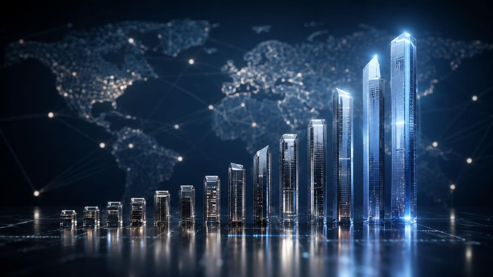 Abstract skyline of glowing towers arranged as an ascending bar chart representing the most valuable global brands in 2026.