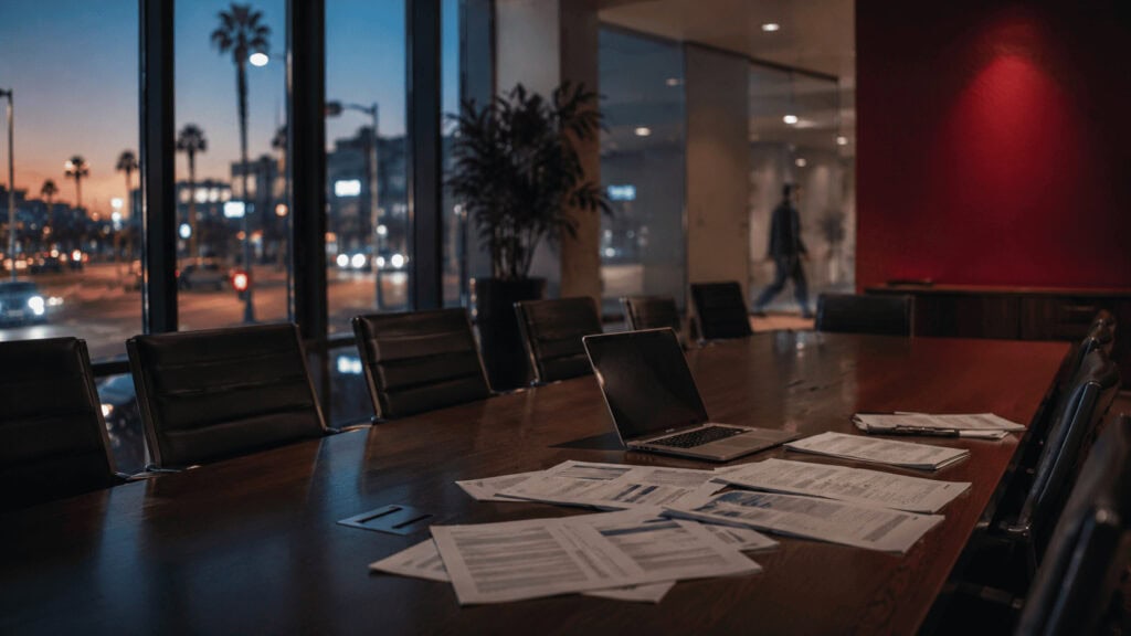 Empty studio conference room at dusk with a laptop and budget documents on a long table, city lights visible through the window.
