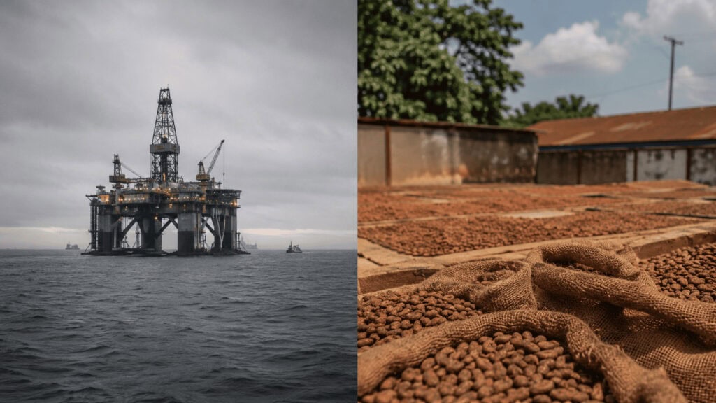 Split editorial scene contrasting two economies: a North Sea offshore oil platform under grey Nordic light on the left, and a West African cocoa-drying yard with burlap sacks of beans in warm afternoon sun on the right.