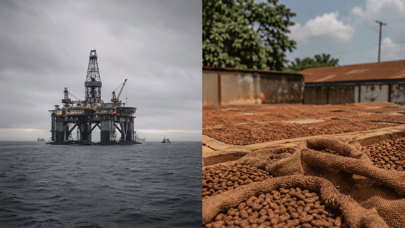 Split editorial scene contrasting two economies: a North Sea offshore oil platform under grey Nordic light on the left, and a West African cocoa-drying yard with burlap sacks of beans in warm afternoon sun on the right.