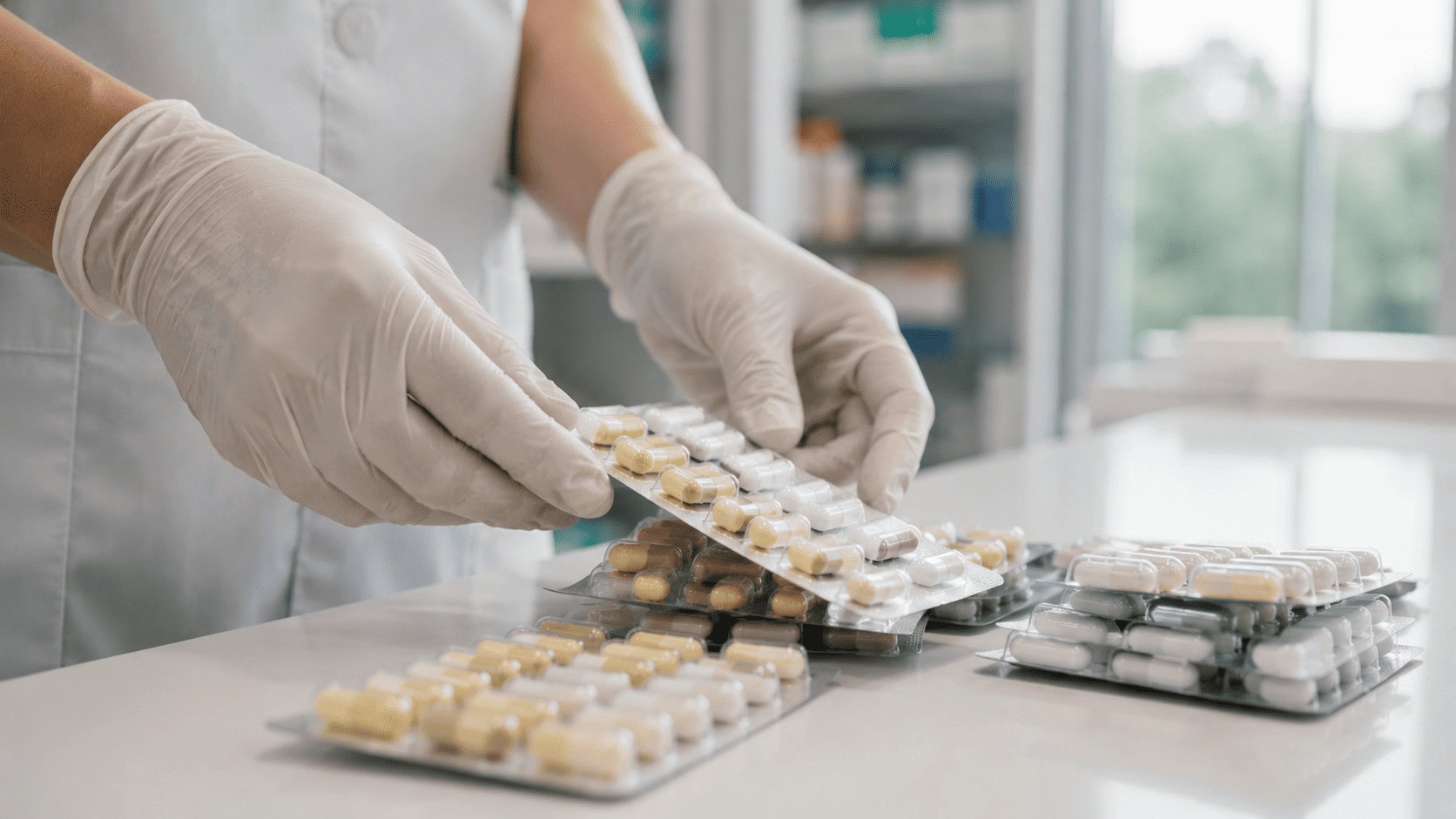 Gloved hands holding blister packs of capsules on a pharmacy counter