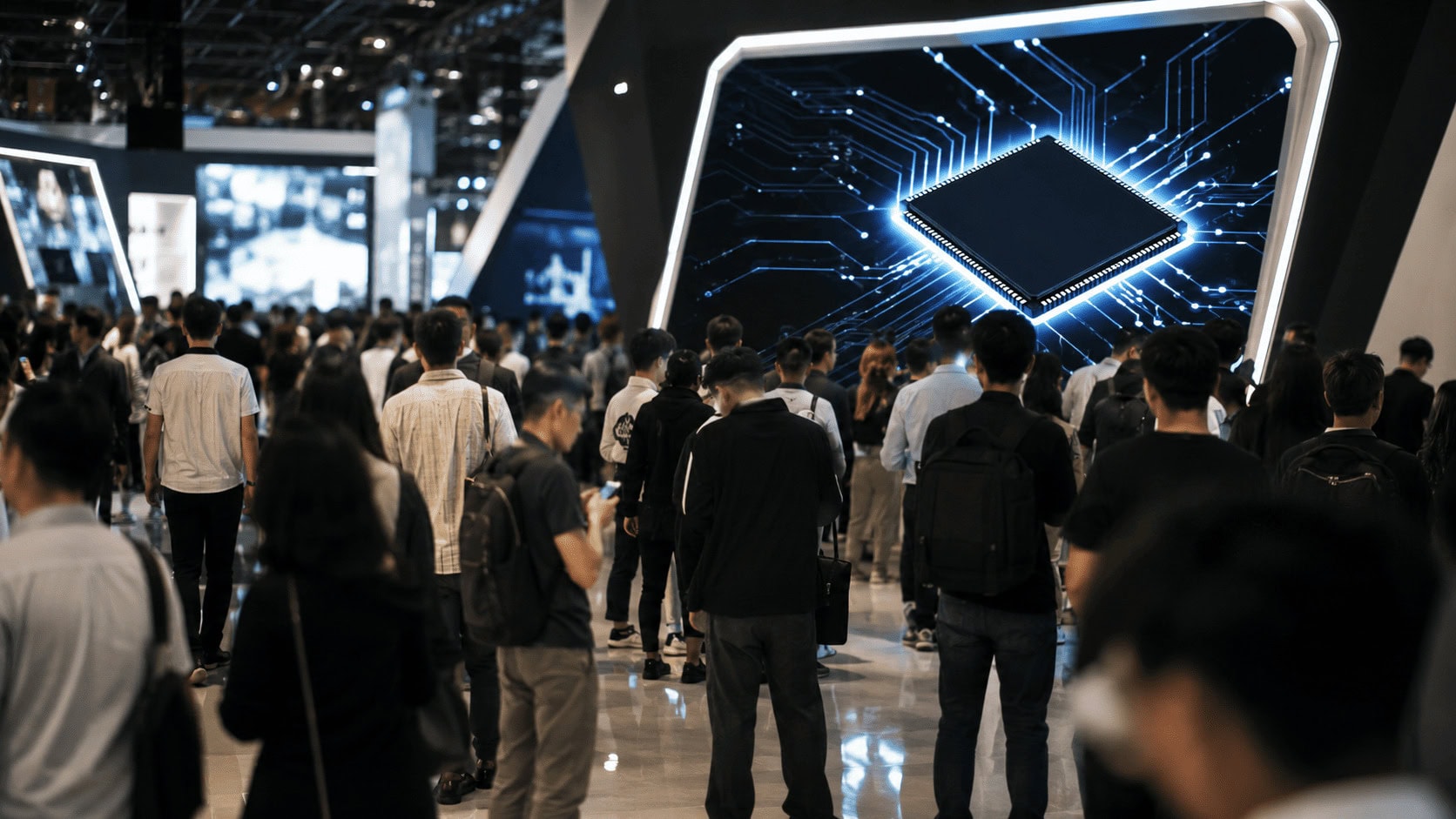Wide view of attendees gathered around an illuminated semiconductor product display inside a crowded technology trade show hall.