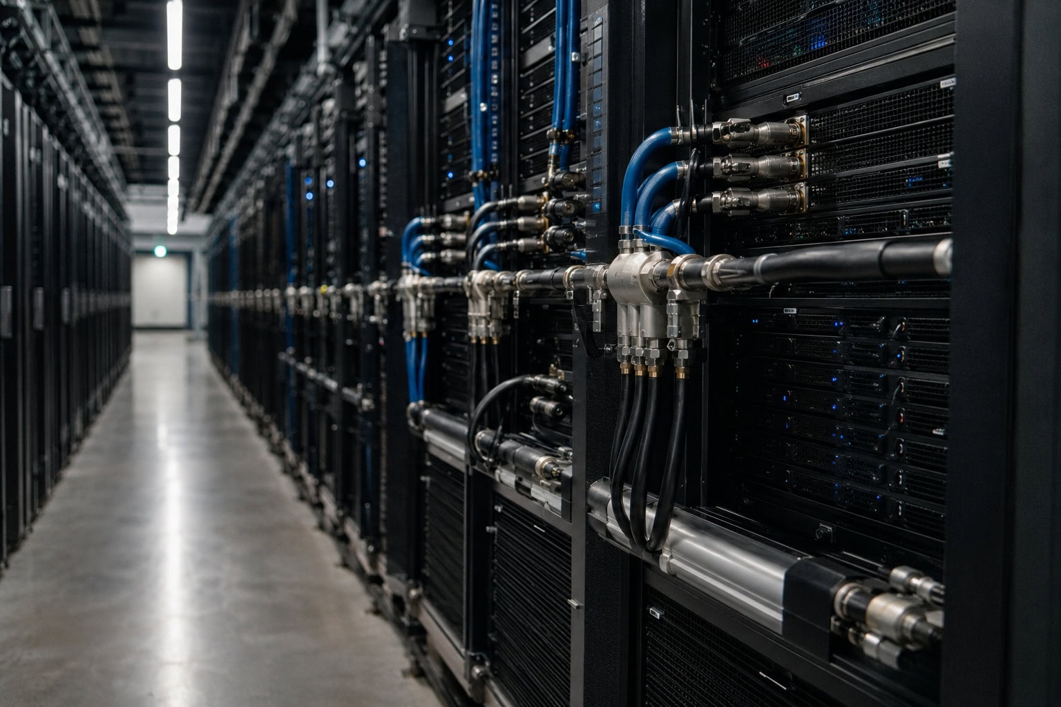 Liquid-cooled server racks in a hyperscale data center using Nvidia Rubin water cooling
