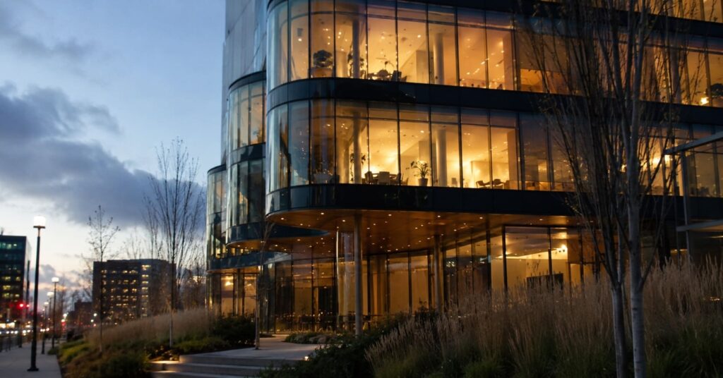 Glass exterior of a modern AI company headquarters at dusk