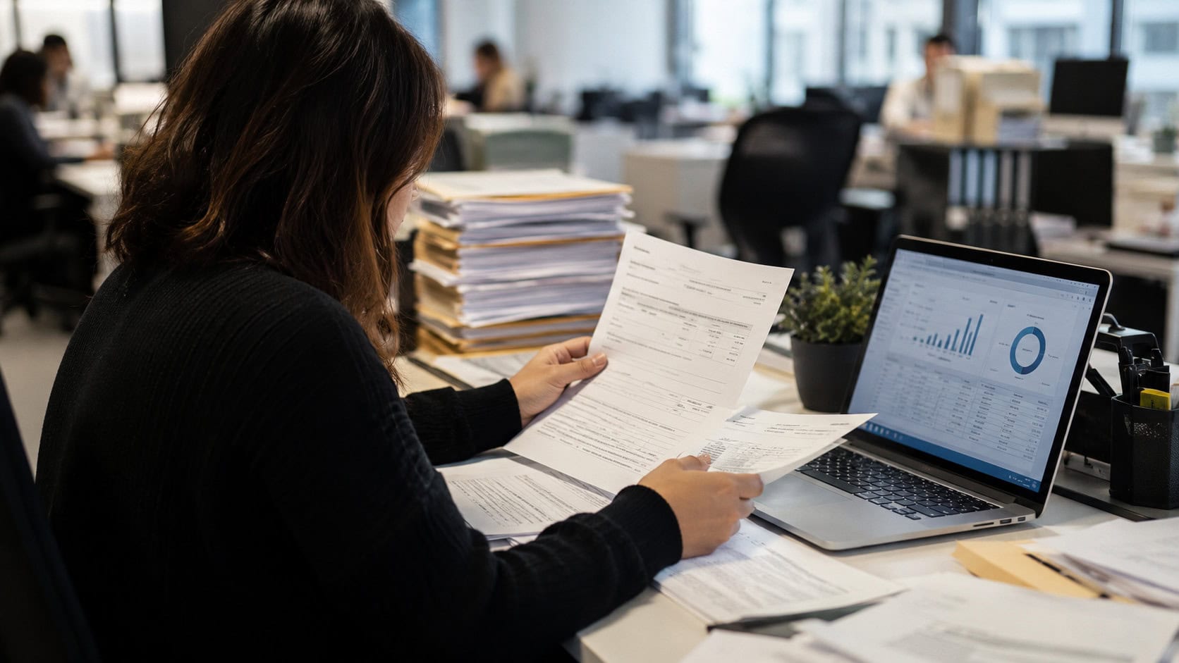 Accountant reviewing printed tax documents at a desk beside a laptop in a bright office.