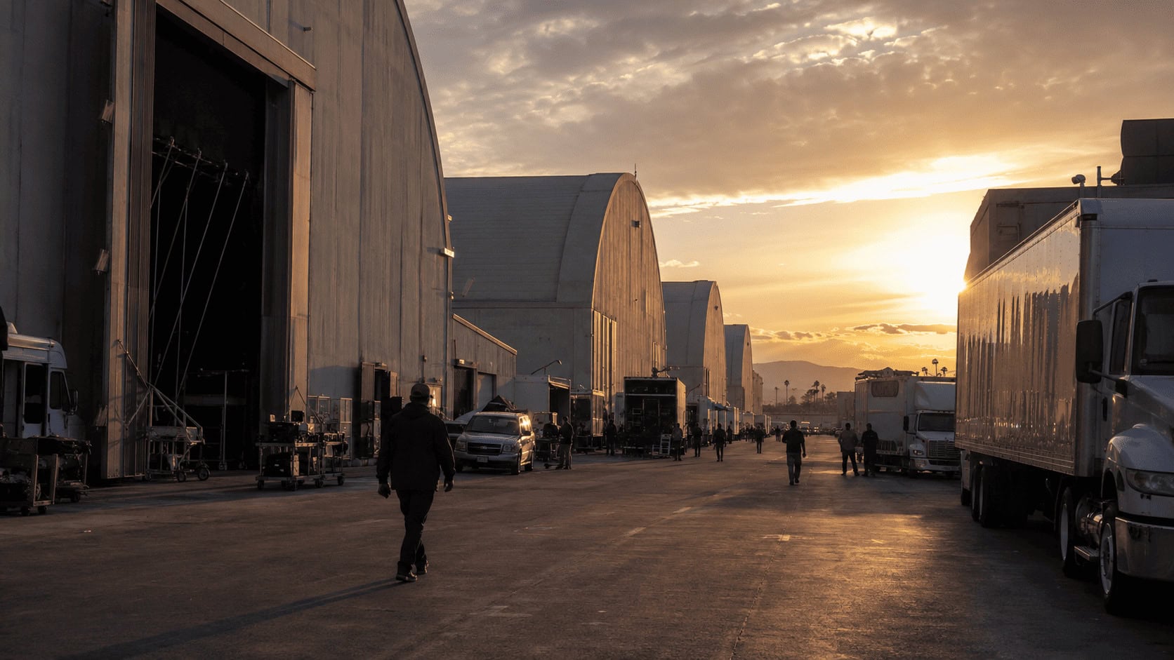 Film studio backlot at dusk with soundstage buildings, production trucks, and a few distant crew members walking.