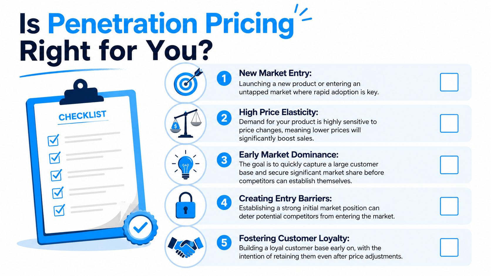 Penetration Pricing strategy checklist for market entry success.