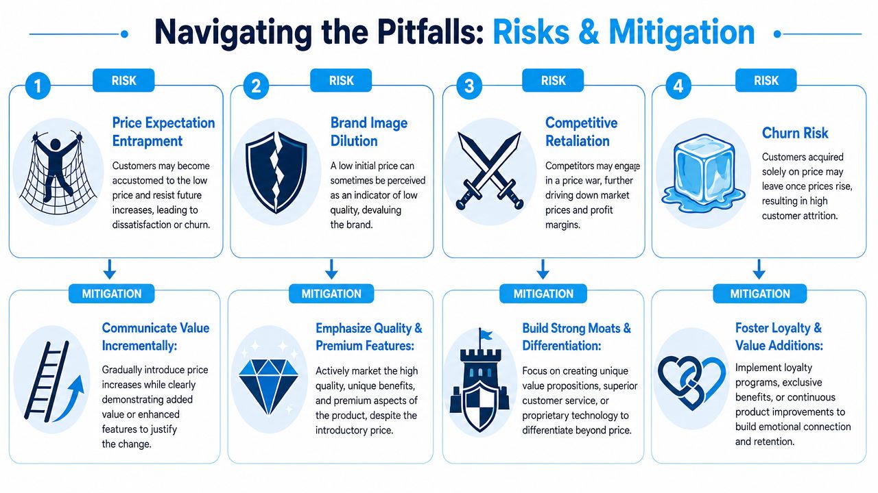 Diagram of risks and mitigation strategies for market entry and pricing.