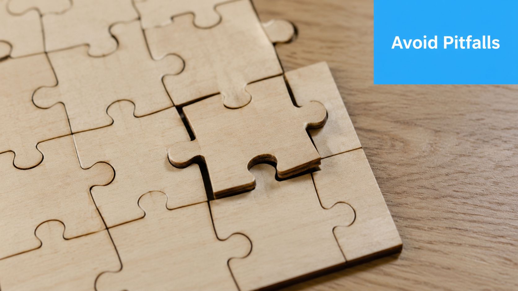Wooden puzzle pieces with one piece missing, symbolizing strategic analysis.