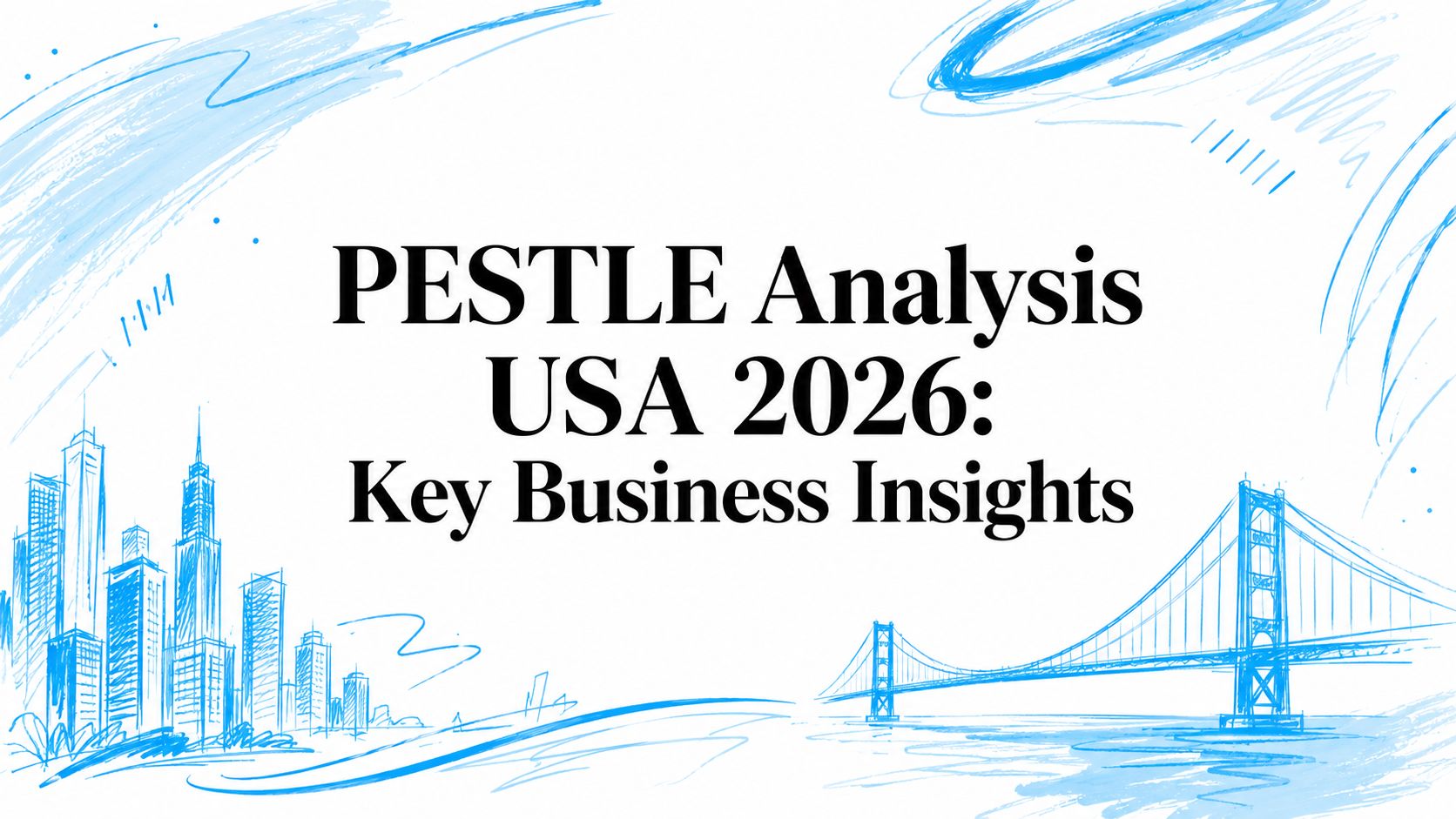 PESTLE analysis infographic for USA 2026 with cityscape and bridge.