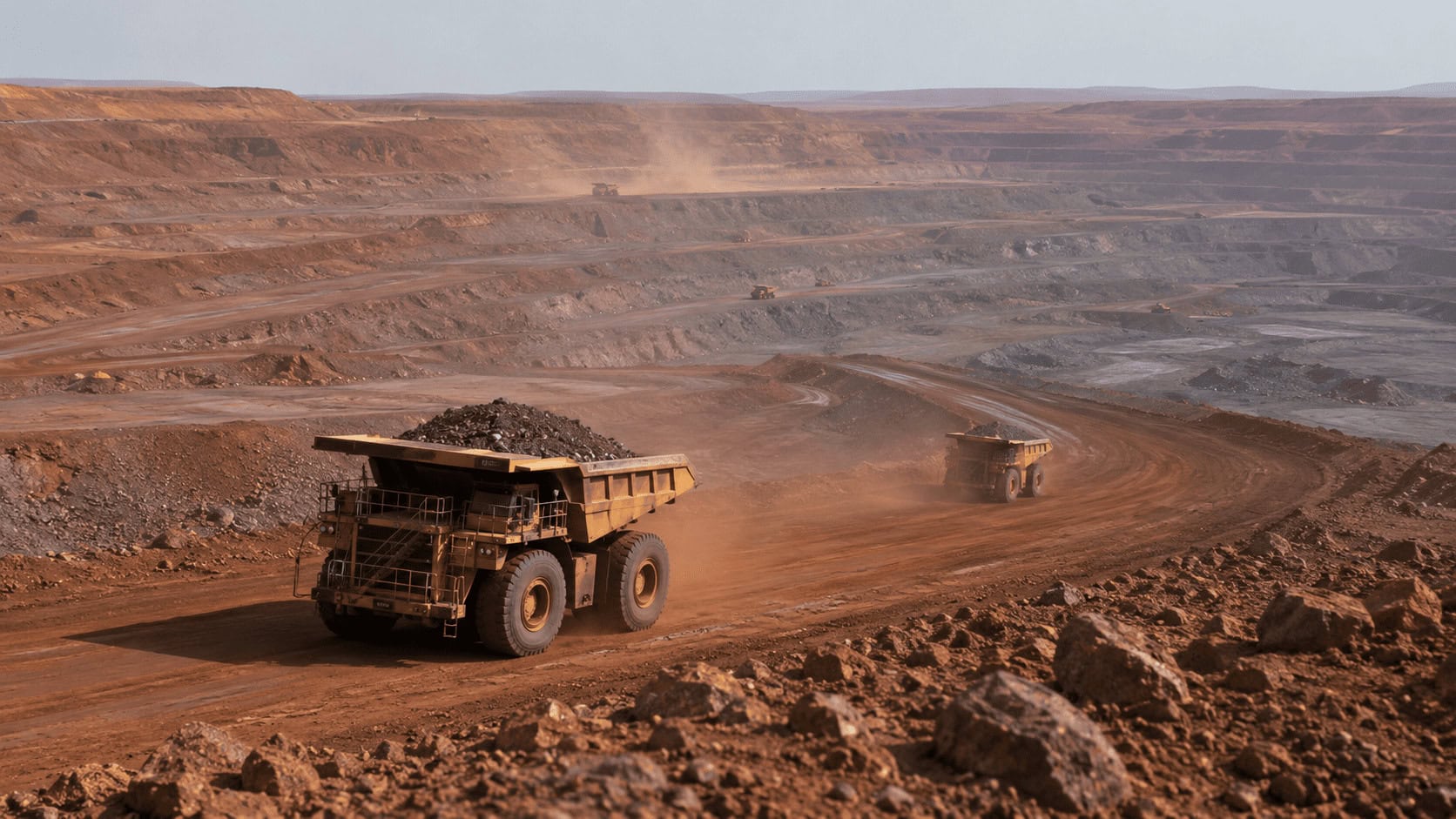 Large haul trucks operating on terraced benches in an open-pit iron ore mine surrounded by red earth.