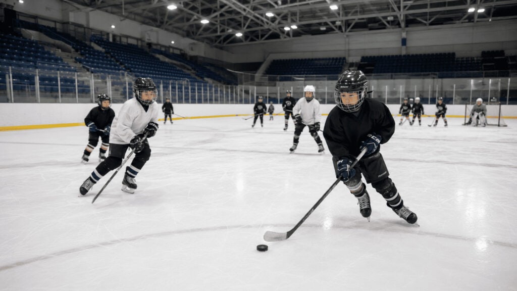 Youth hockey players practicing on a sheet of ice inside a modern indoor rink