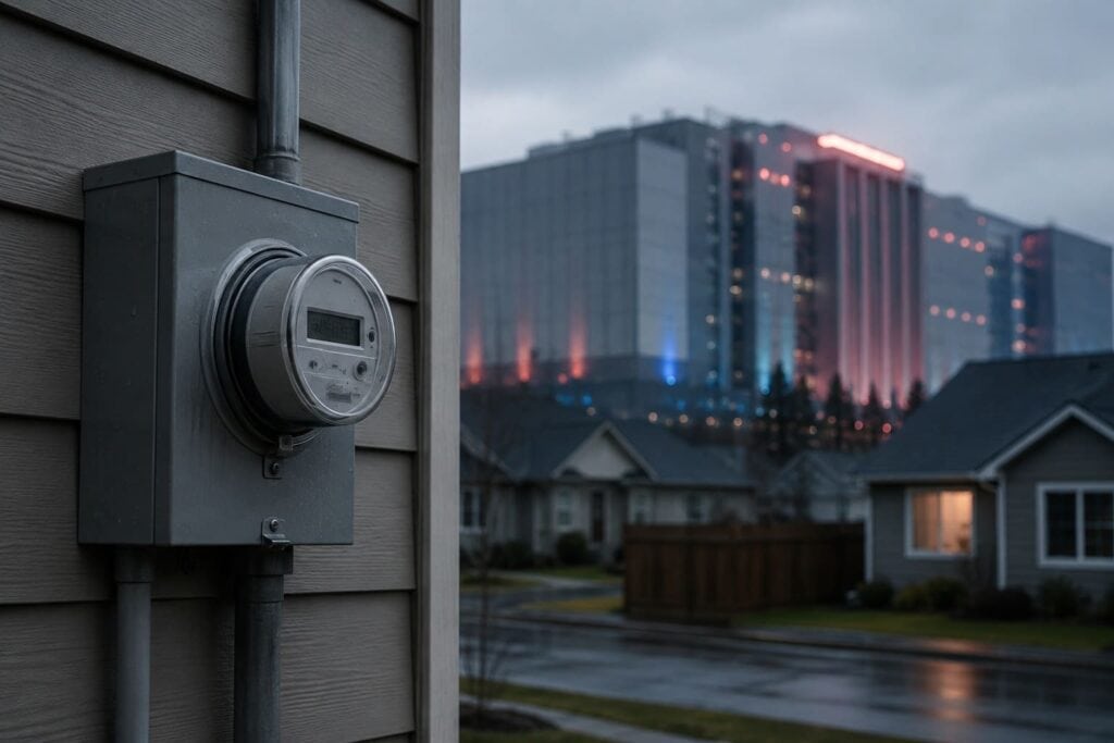 Suburban electricity meter with a large AI data center in the background, illustrating the debate over who pays for data center power.