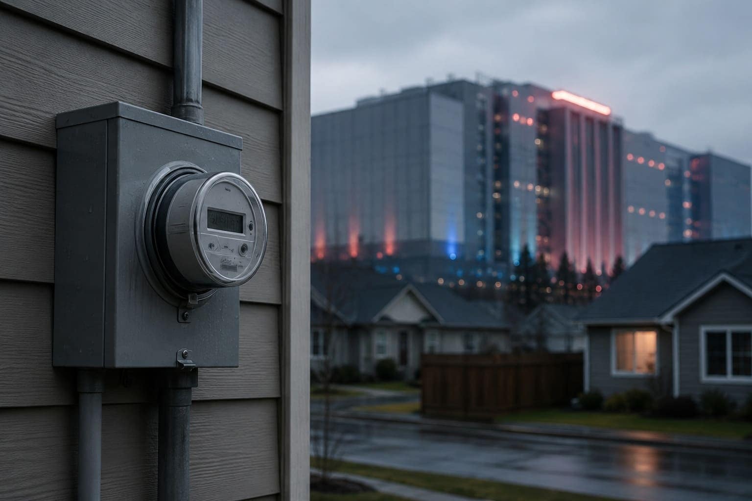 Suburban electricity meter with a large AI data center in the background, illustrating the debate over who pays for data center power.