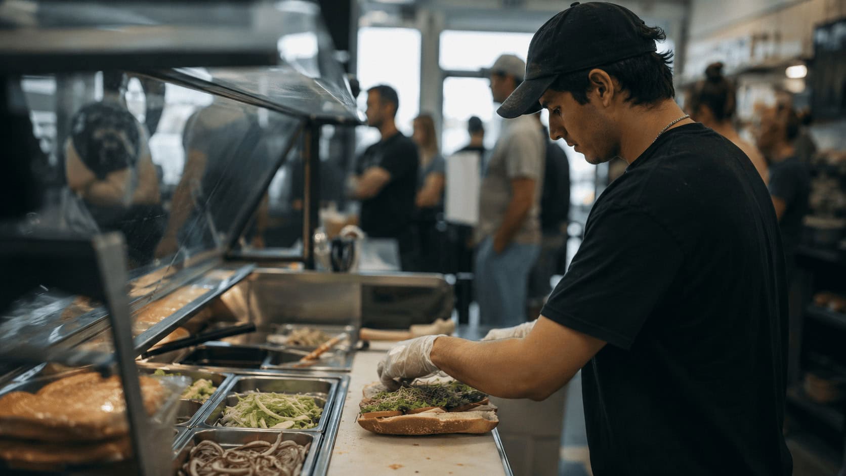 Worker preparing a fresh sub sandwich at a quick-service restaurant counter during a busy lunch period.