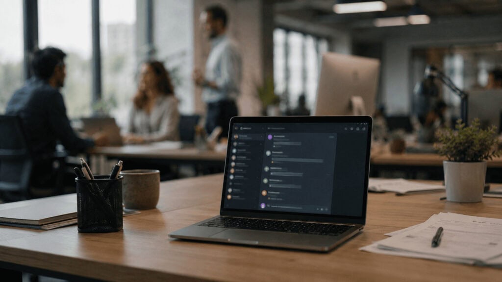 Laptop on an office desk displaying a team chat interface, with blurred coworkers talking in the background.