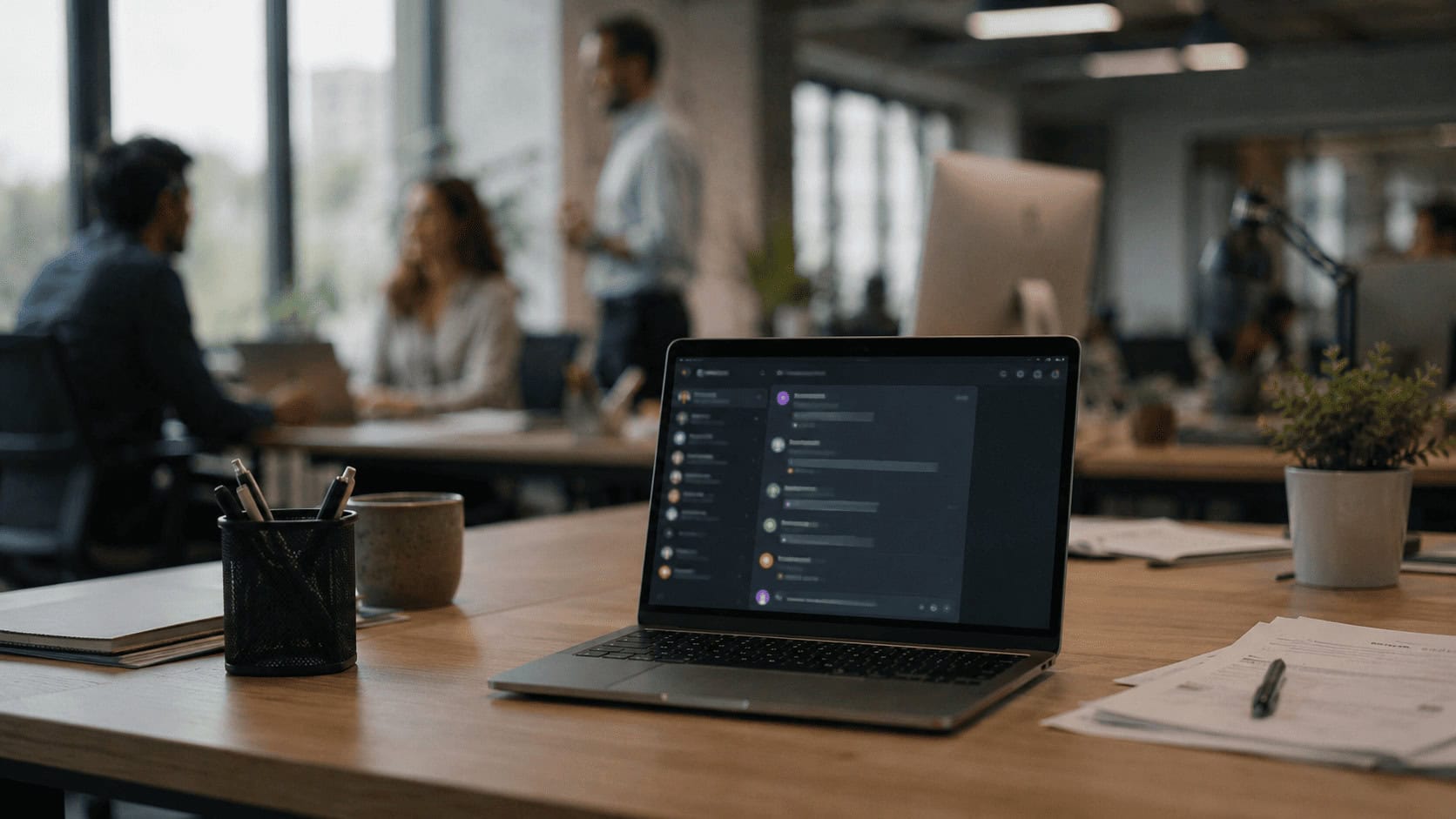Laptop on an office desk displaying a team chat interface, with blurred coworkers talking in the background.