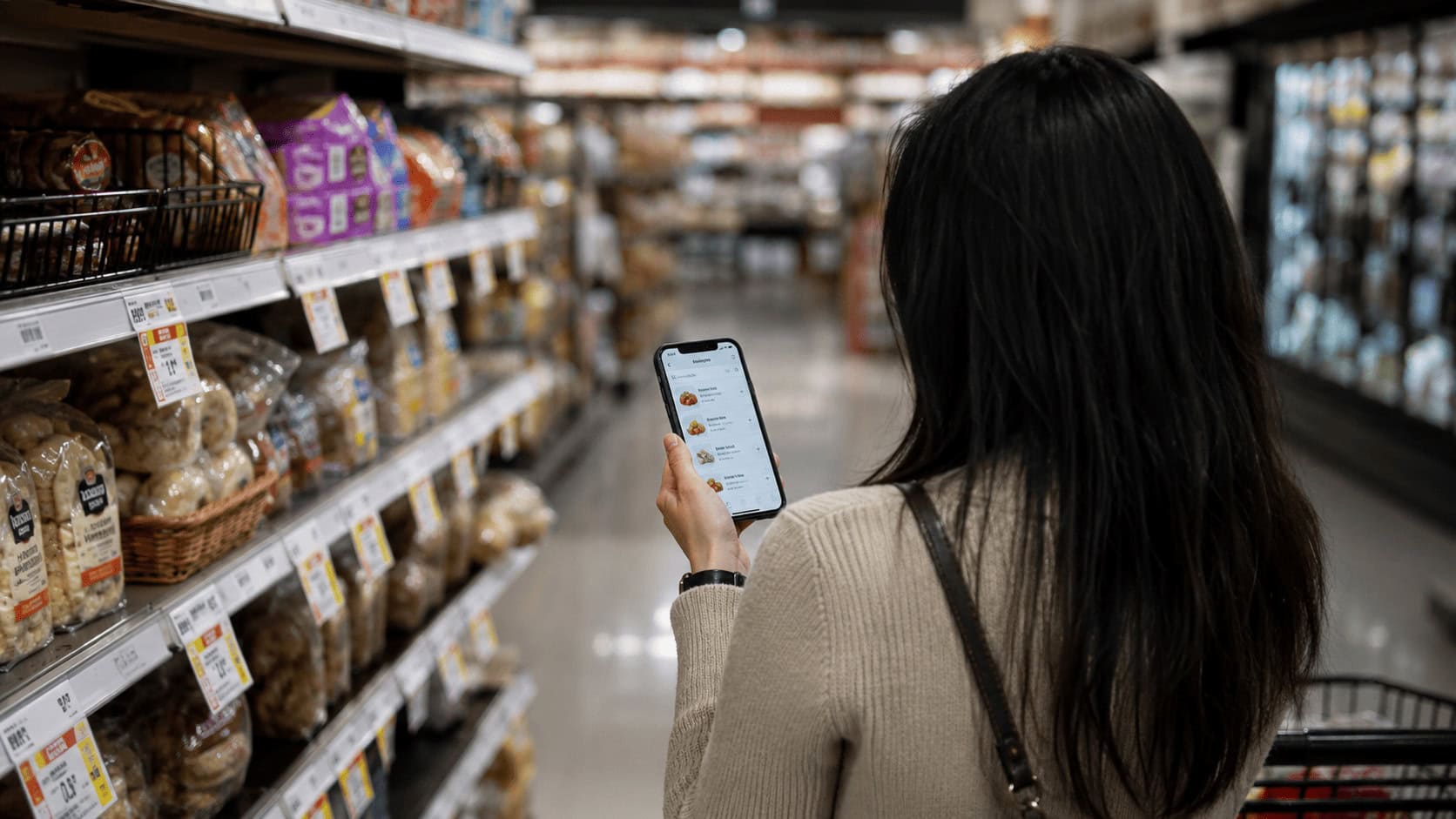 Shopper viewed from behind checking prices on a smartphone in a grocery store aisle