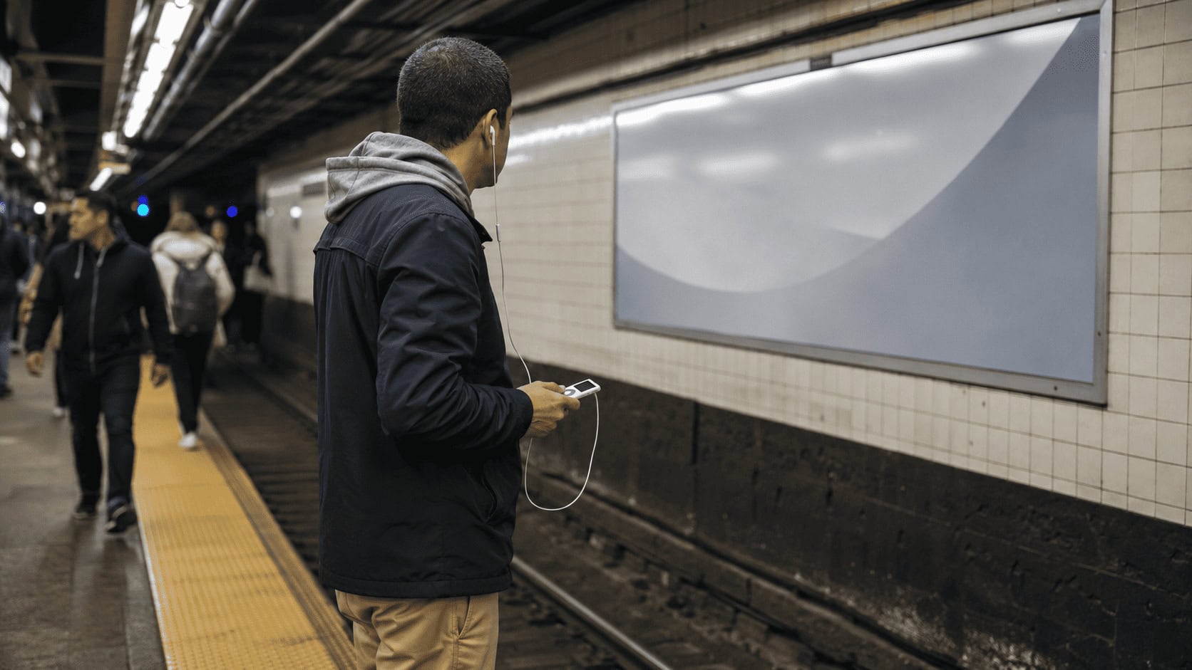 A commuter on a New York City subway platform wearing wired earbuds and holding a small screenless music player while looking at a wall advertisement.