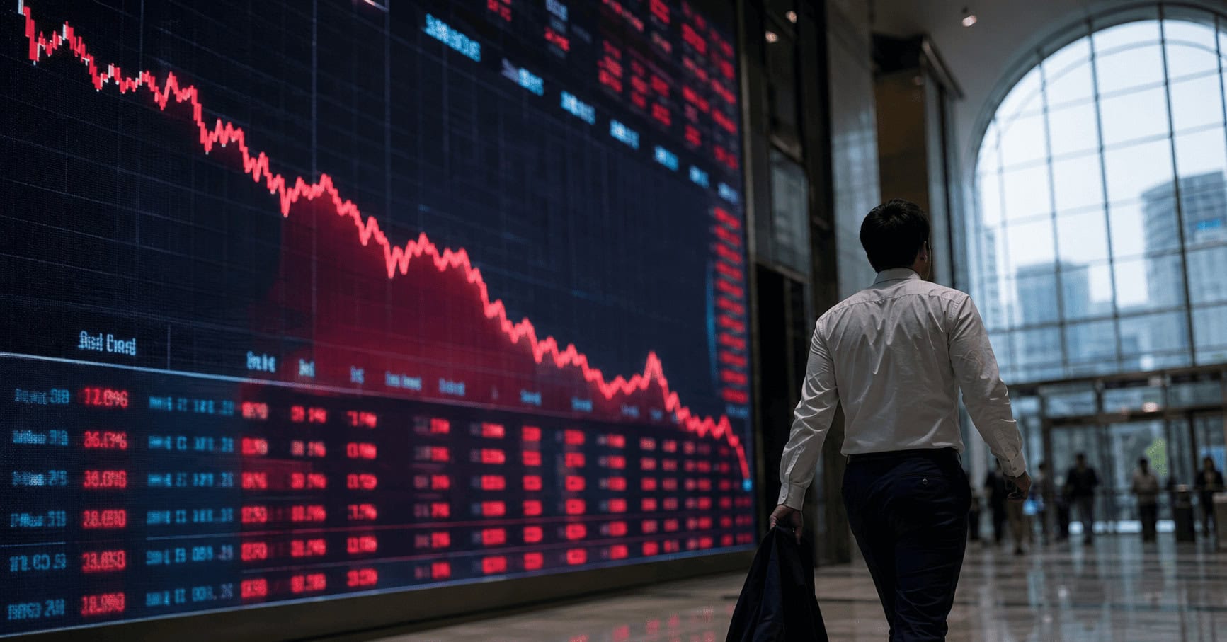 A person in business attire walks past a large illuminated screen showing a falling stock market chart inside a modern glass lobby.