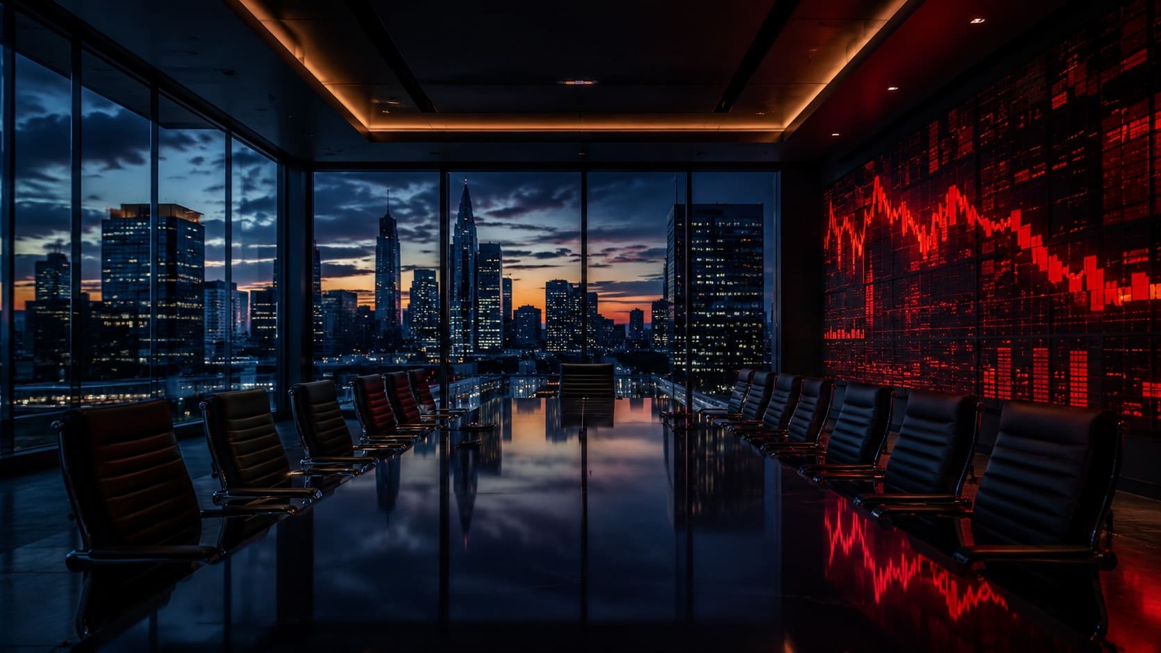 Empty boardroom with a glowing stock ticker, illustrating SpaceX ownership and cap-table scrutiny