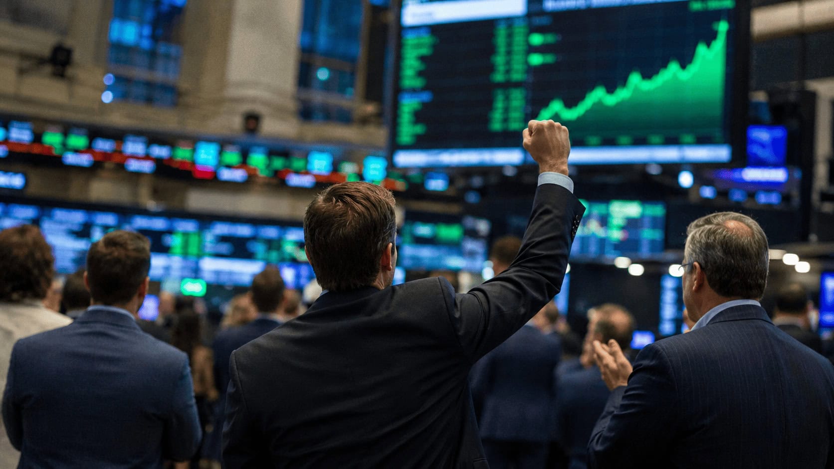 Traders on a stock exchange floor with large digital screens displaying rising market tickers in the background.