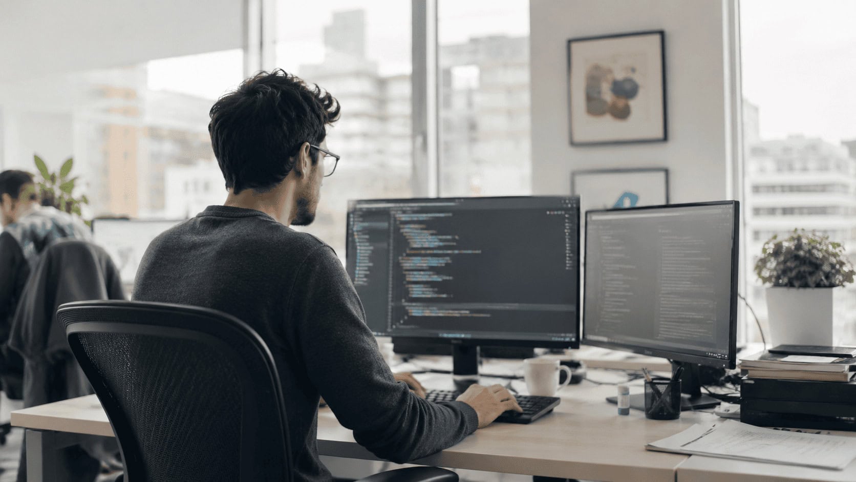 A software developer working at a lit monitor in a darkened office at night, city skyline visible through a window behind.