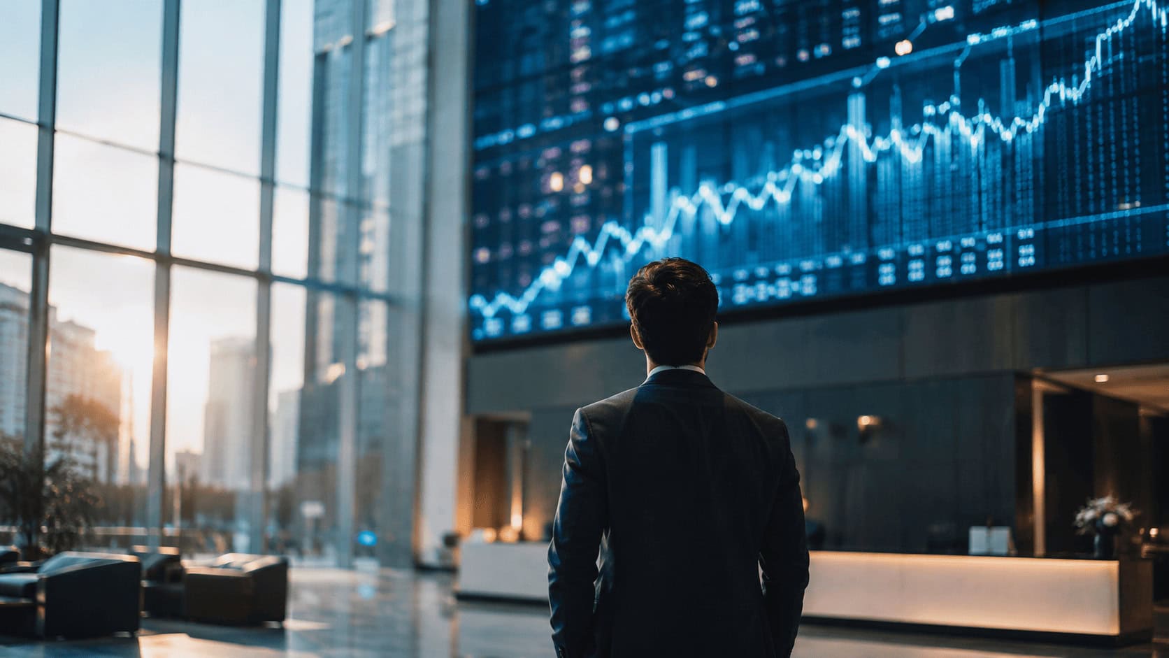 A person seen from behind looking up at a digital stock display board in a modern corporate office lobby.