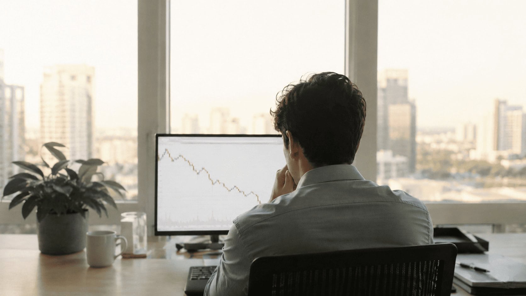 Investor viewed from behind looking at a downward stock chart on a screen in a dim office.